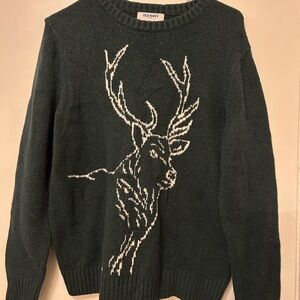 Old Navy Men's Dark Green Sweater with Elk Design